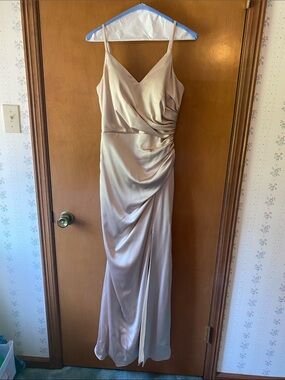 Revelry Rory satin bridesmaid dress in champagne size 6